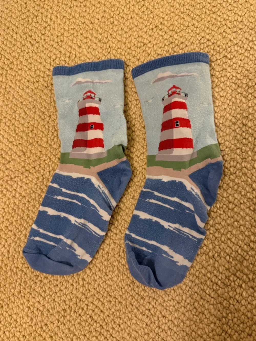 unisex blue + red lighthouse pattern crew socks!
